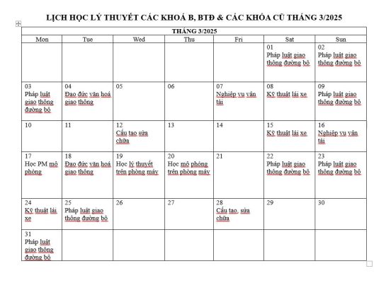 Lịch học các mon lý thuyết online tháng 3